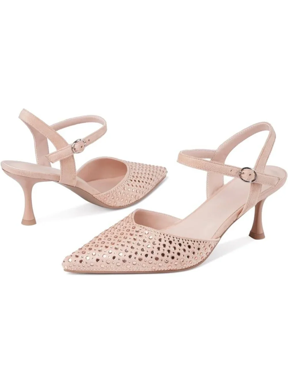 Women's Pink Faux Suede Rhinestone Ankle Strap Closed Toe Kitten Heels Pumps